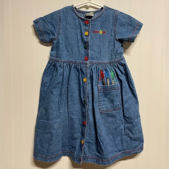 [Oshkosh Collection] Blue Denim Button Down Dress Paint Brushes Pockets Girls 5 - Picture 2 of 7